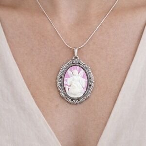 Vintage Angel Cameo Pendant Necklace Pink Relief Oval Frame